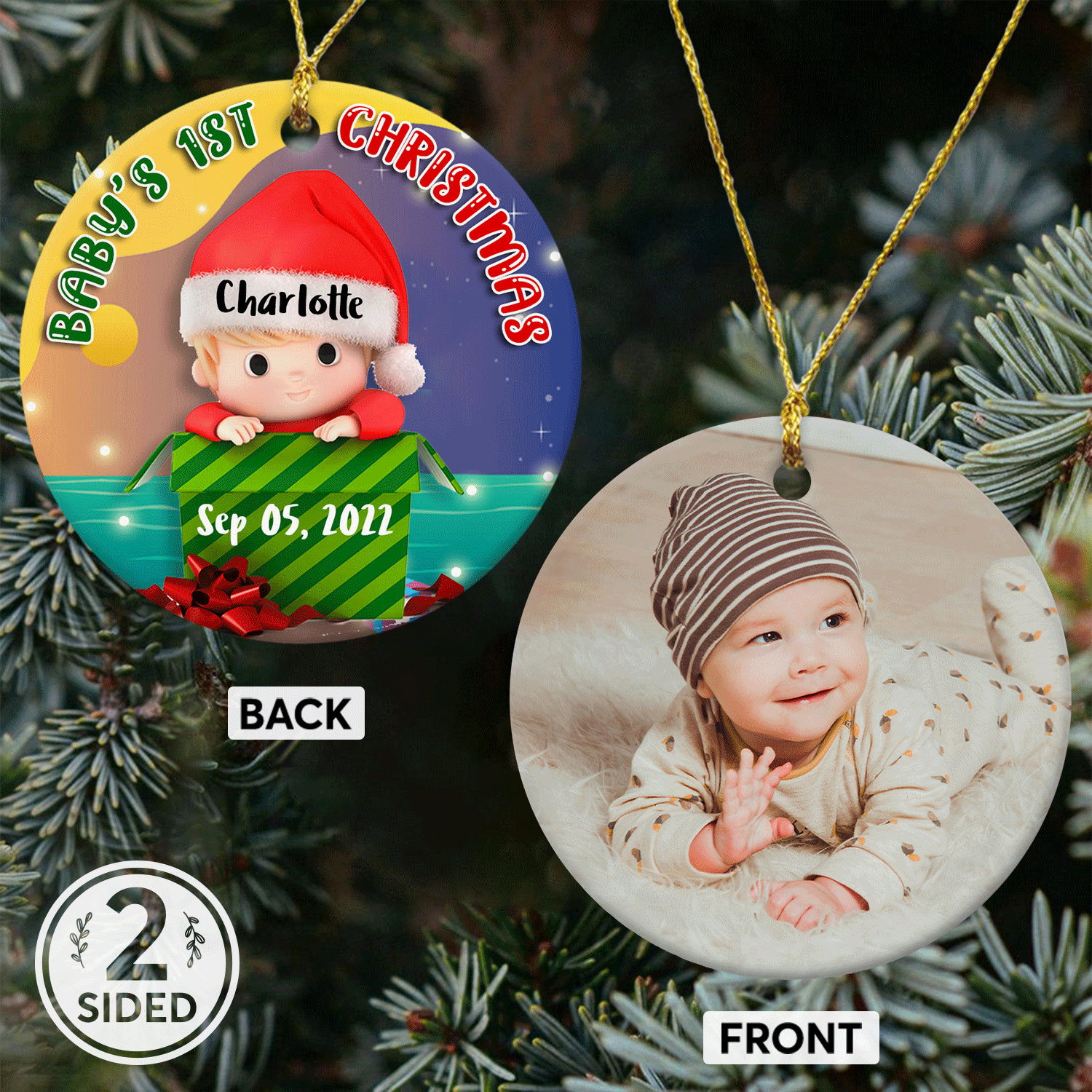 Baby's 1st Christmas Custom Photo And Text Decorative Christmas Circle Ornament 2 Sided