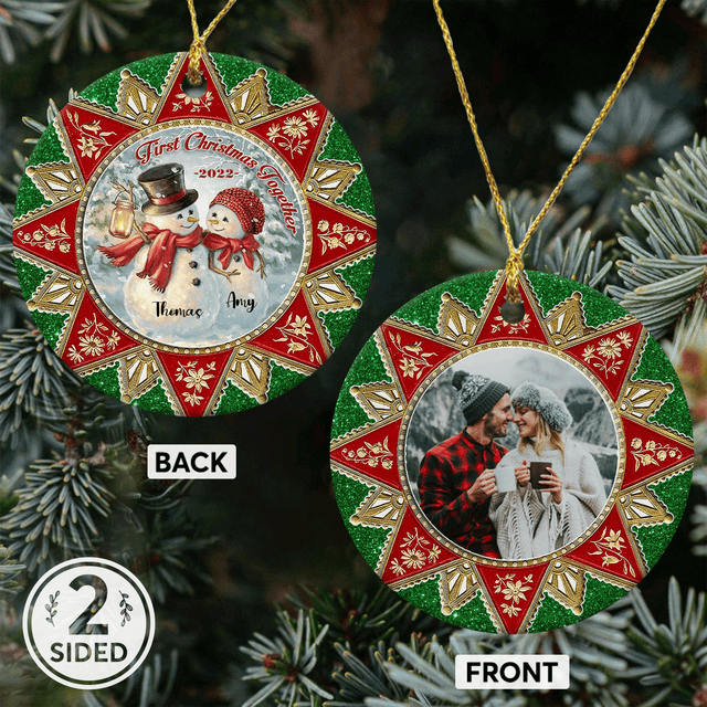 First Christmas Together Custom Photo And Text Decorative Christmas Circle Ornament 2 Sided
