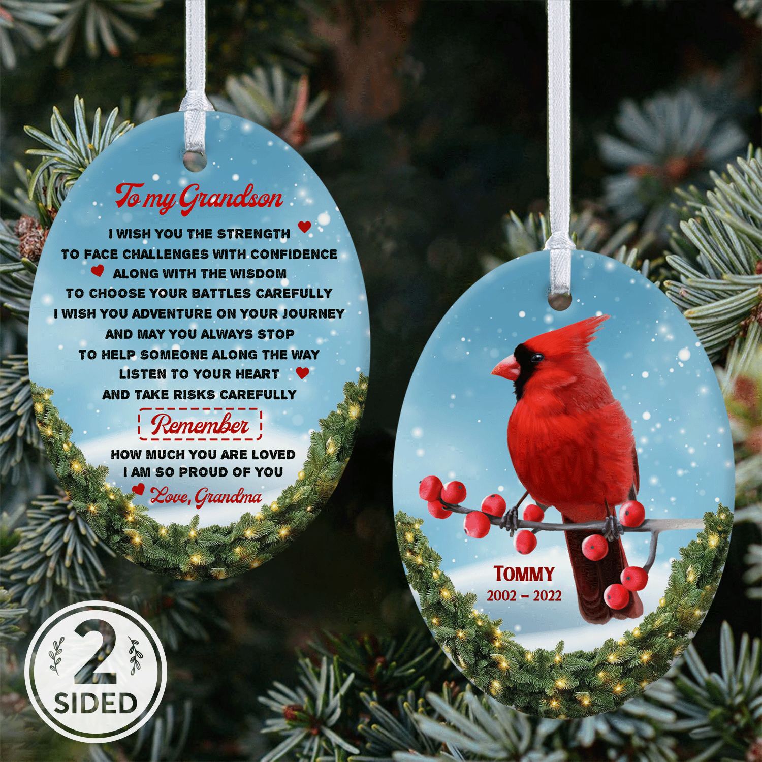 Custom Memorial Cardinal Decorative Christmas Oval Ornament 2 Sided, Personalized Text