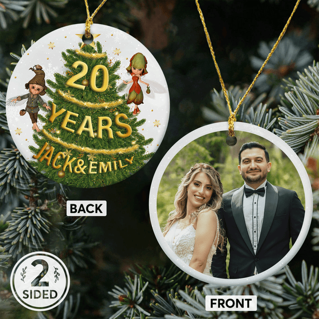 20 Year Anniversary Custom Photo And Text Decorative Christmas Circle Ornament 2 Sided