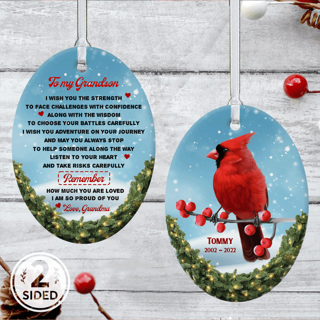 Custom Memorial Cardinal Decorative Christmas Oval Ornament 2 Sided, Personalized Text