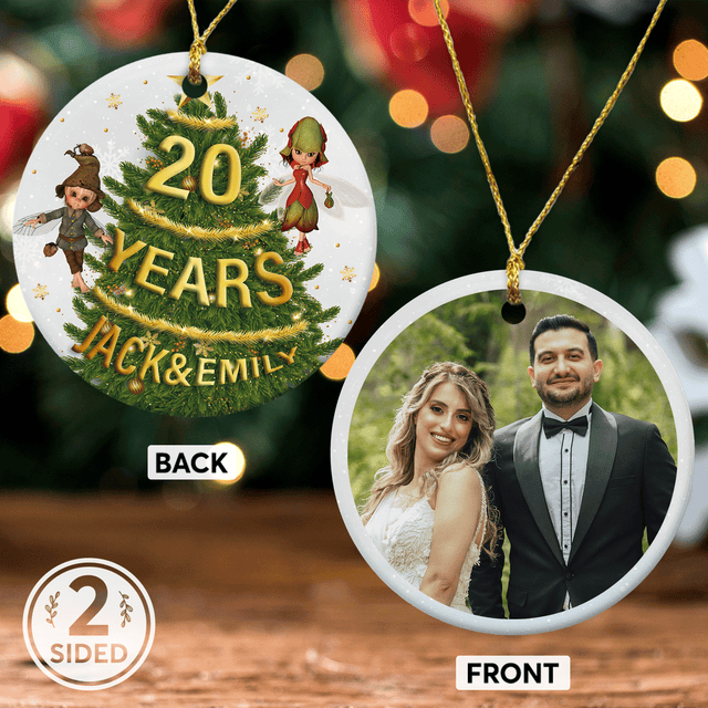 20 Year Anniversary Custom Photo And Text Decorative Christmas Circle Ornament 2 Sided