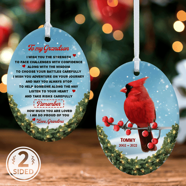 Custom Memorial Cardinal Decorative Christmas Oval Ornament 2 Sided, Personalized Text