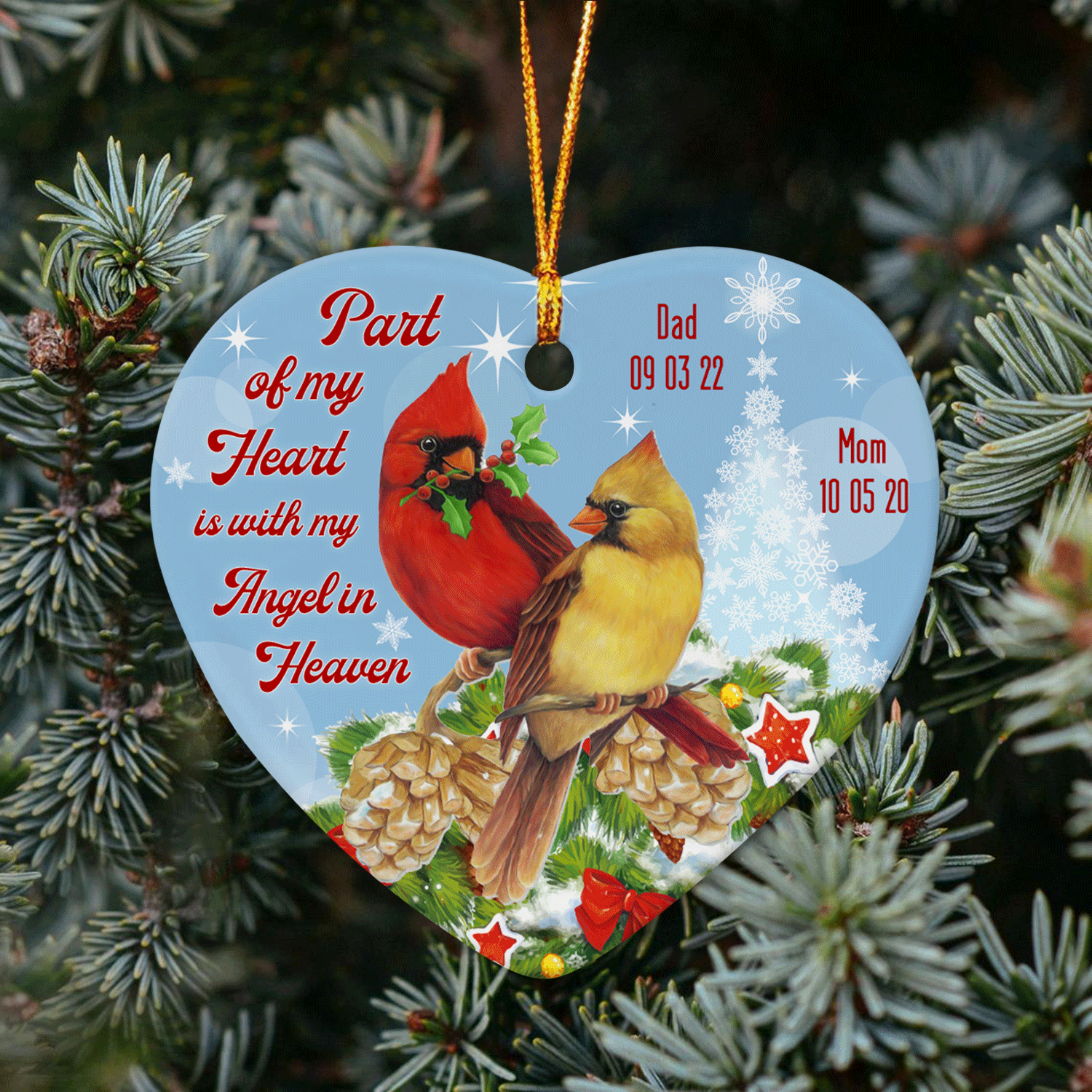 Part Of My Heart Is With My Angel In Heaven, Custom Memorial Decorative Christmas Heart Ornament 2 Sided