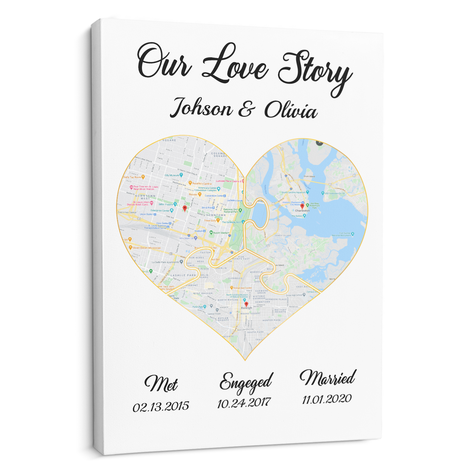 Our Love Story Met - Engaged - Married Custom Map And Text White Background Canvas
