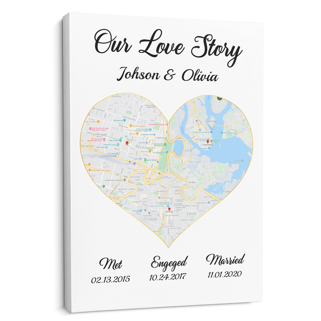 Our Love Story Met - Engaged - Married Custom Map And Text White Background Canvas