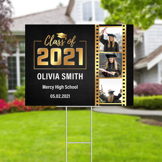 Class Of 2021, Custom Photo, 3 Pictures, Roll Film, Personalized Text Yard Sign