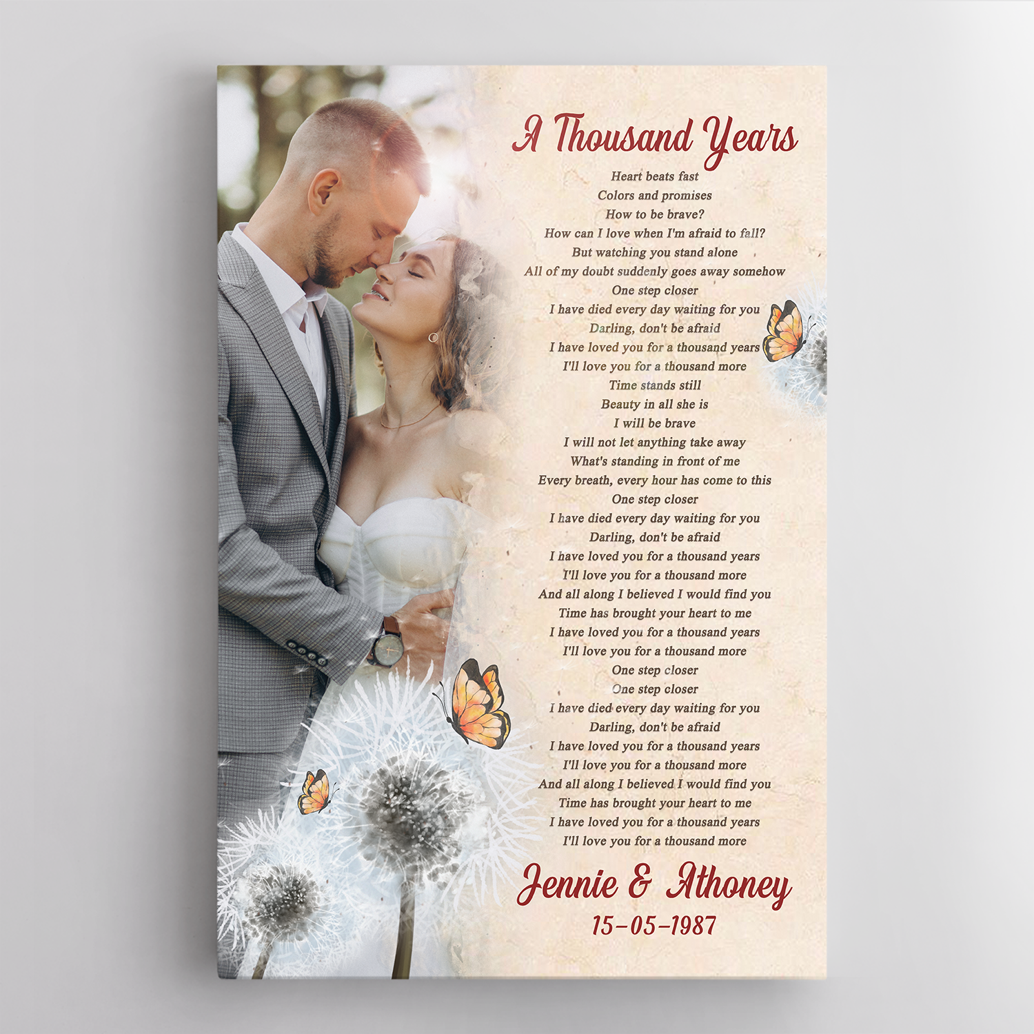 Custom Photo Name Date, Butterfly Flower, Song Lyrics Canvas