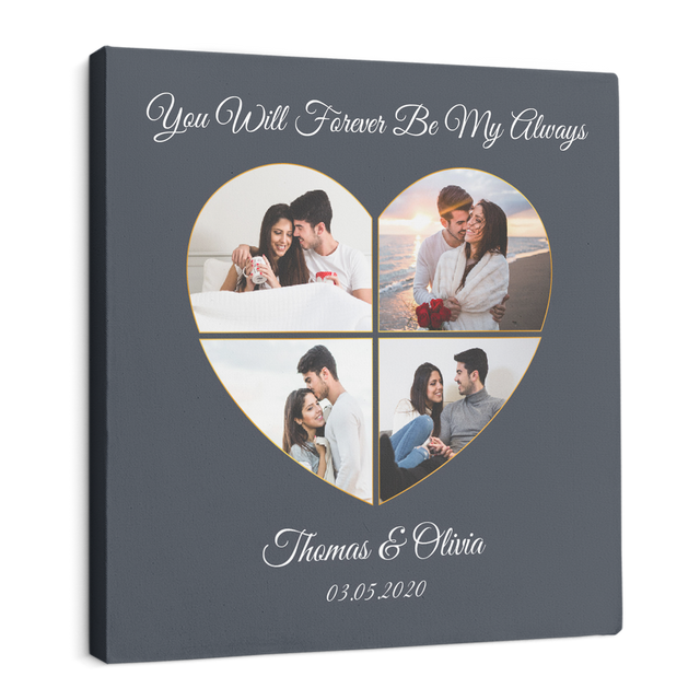 Custom Photo Collage, Customizable Text, 4 Pictures Heart Art Canvas