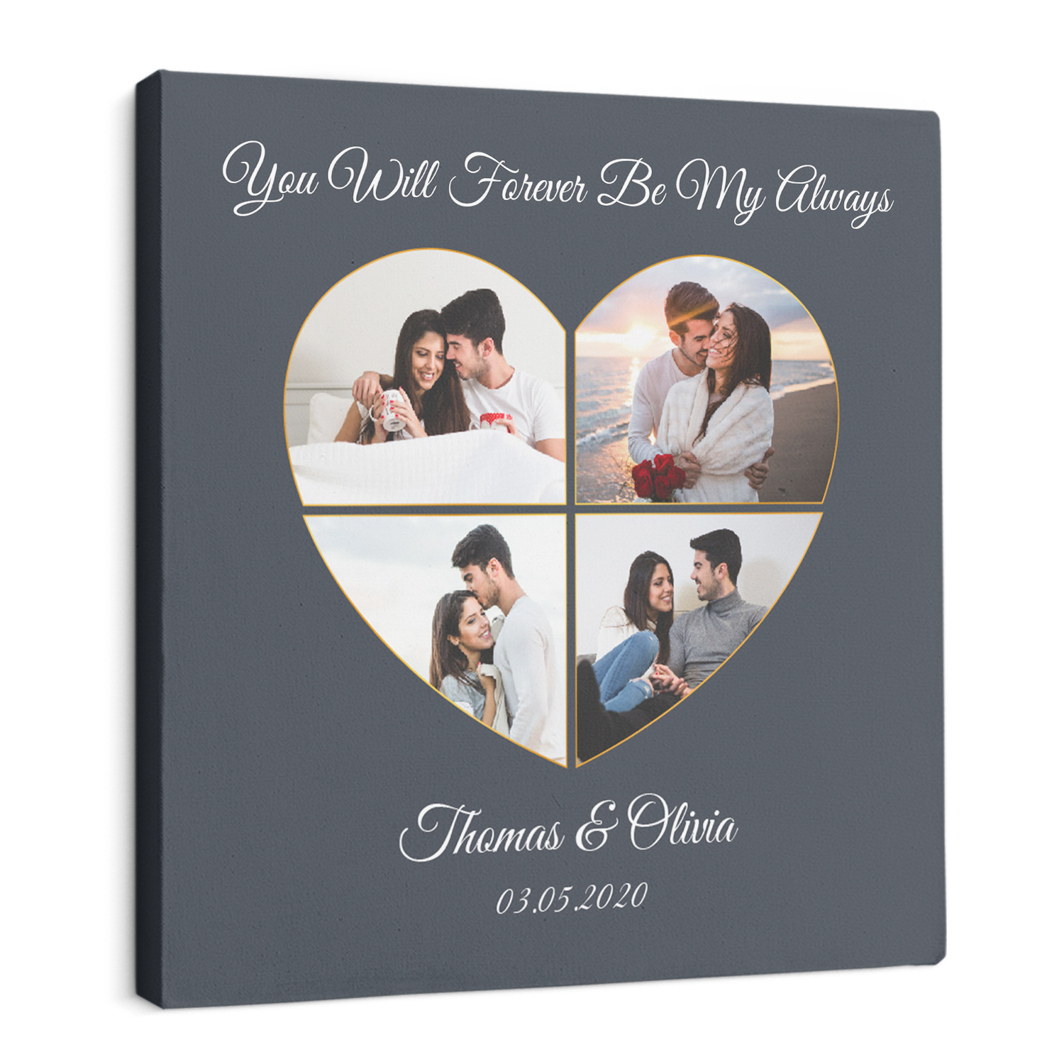 Custom Photo Collage, Customizable Text, 4 Pictures Heart Art Canvas