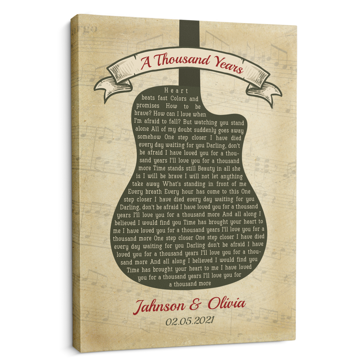 Custom Song Lyrics, Customizable Name And Date, Guitar Shape, Canvas Wall Art