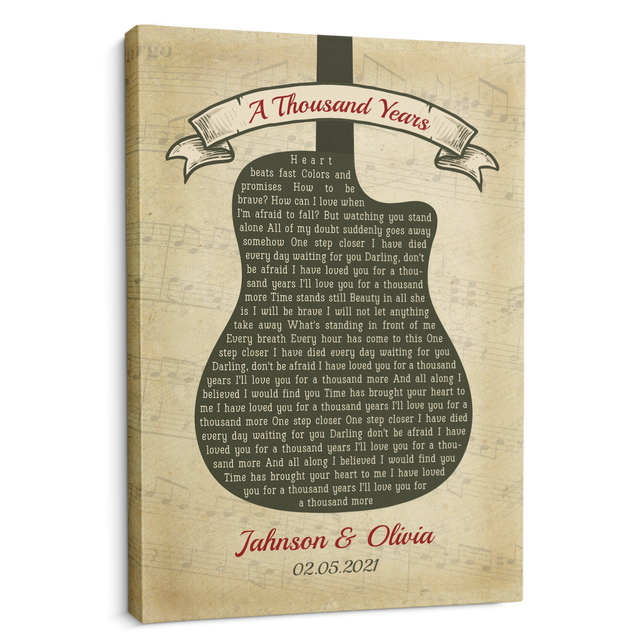 Custom Song Lyrics, Customizable Name And Date, Guitar Shape, Canvas Wall Art