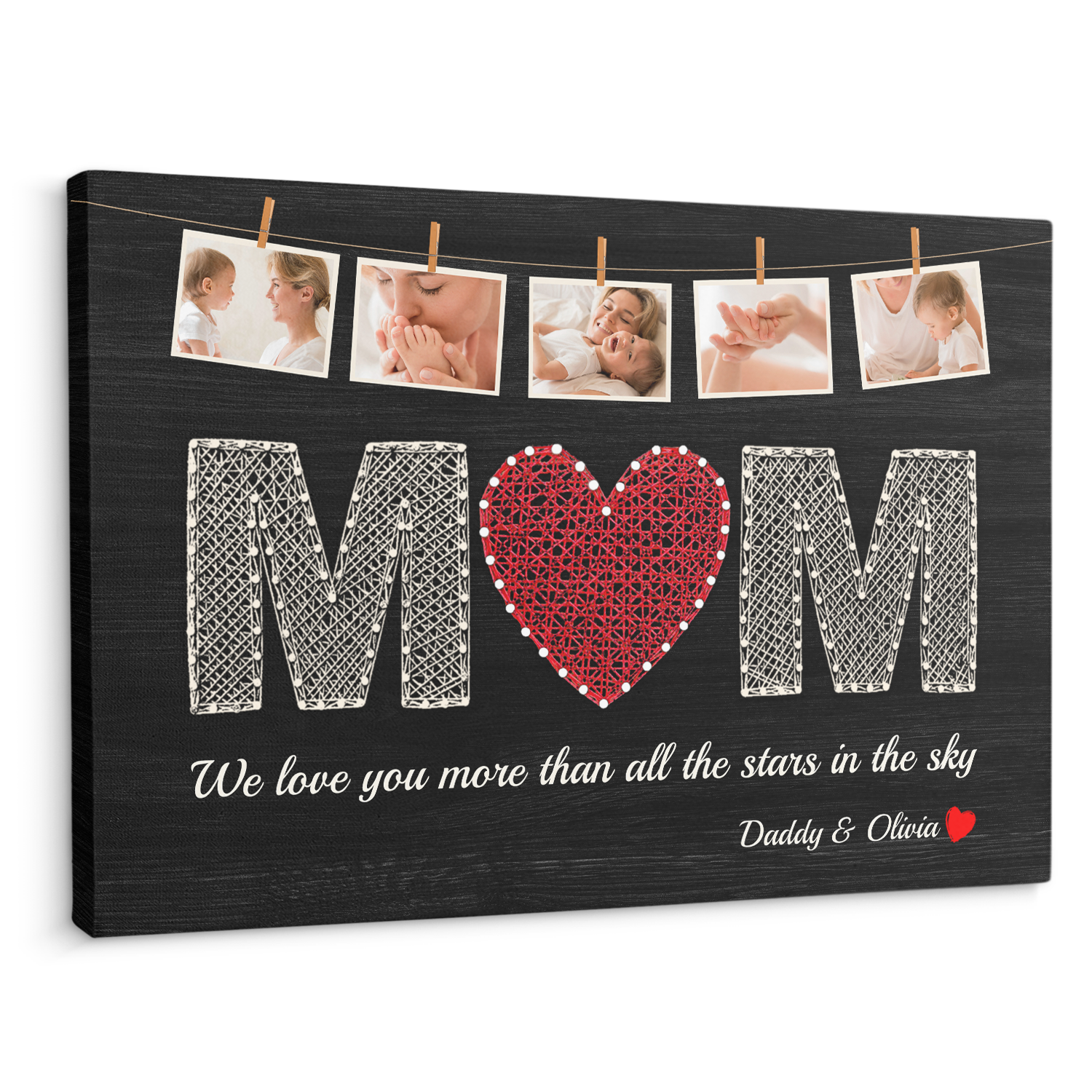 Mom Custom Photo Collage, 5 Pictures, Customizable Name And Text Black Background Canvas Wall Art