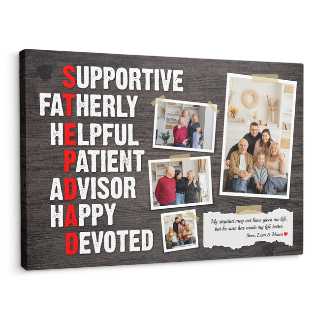 Stepdad, Supportive, Fatherly, Helpful, Patient, Advisor, Happy, Devoted, Custom Photo, Customizable Name And Text Canvas Wall Art