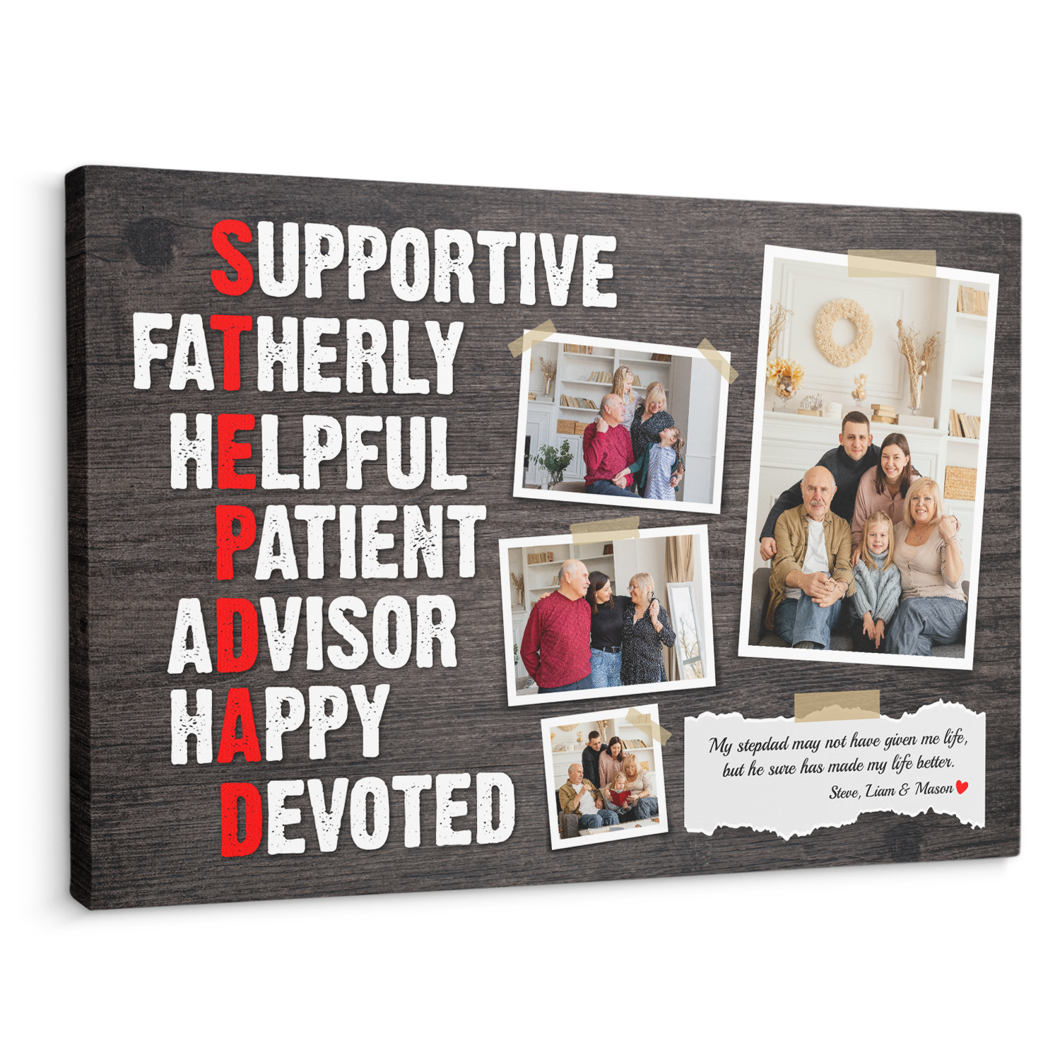 Stepdad, Supportive, Fatherly, Helpful, Patient, Advisor, Happy, Devoted, Custom Photo, Customizable Name And Text Canvas Wall Art