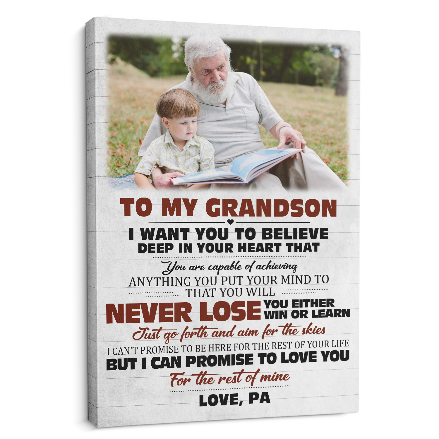 To My Grandson, Never Lose You Either Win Or Learn, Custom Photo, Customizable Text Canvas Art Print