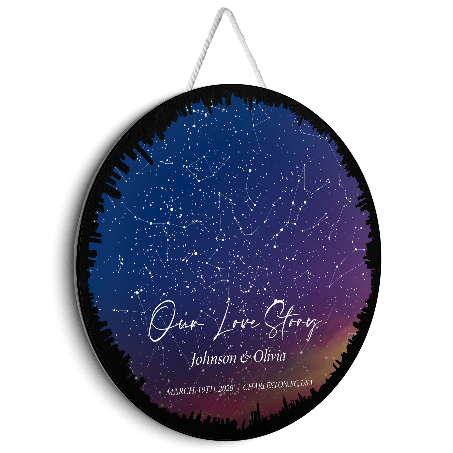 Customizable Night Sky And Custom Text City Background, Round Sign