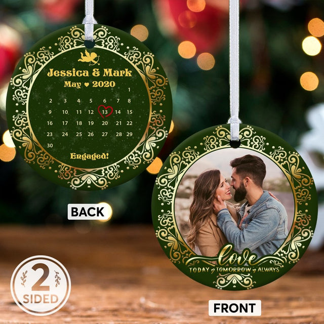 A Date to Remember Engaged Custom Photo, Date And Text Decorative Christmas Circle Ornament 2 Sided