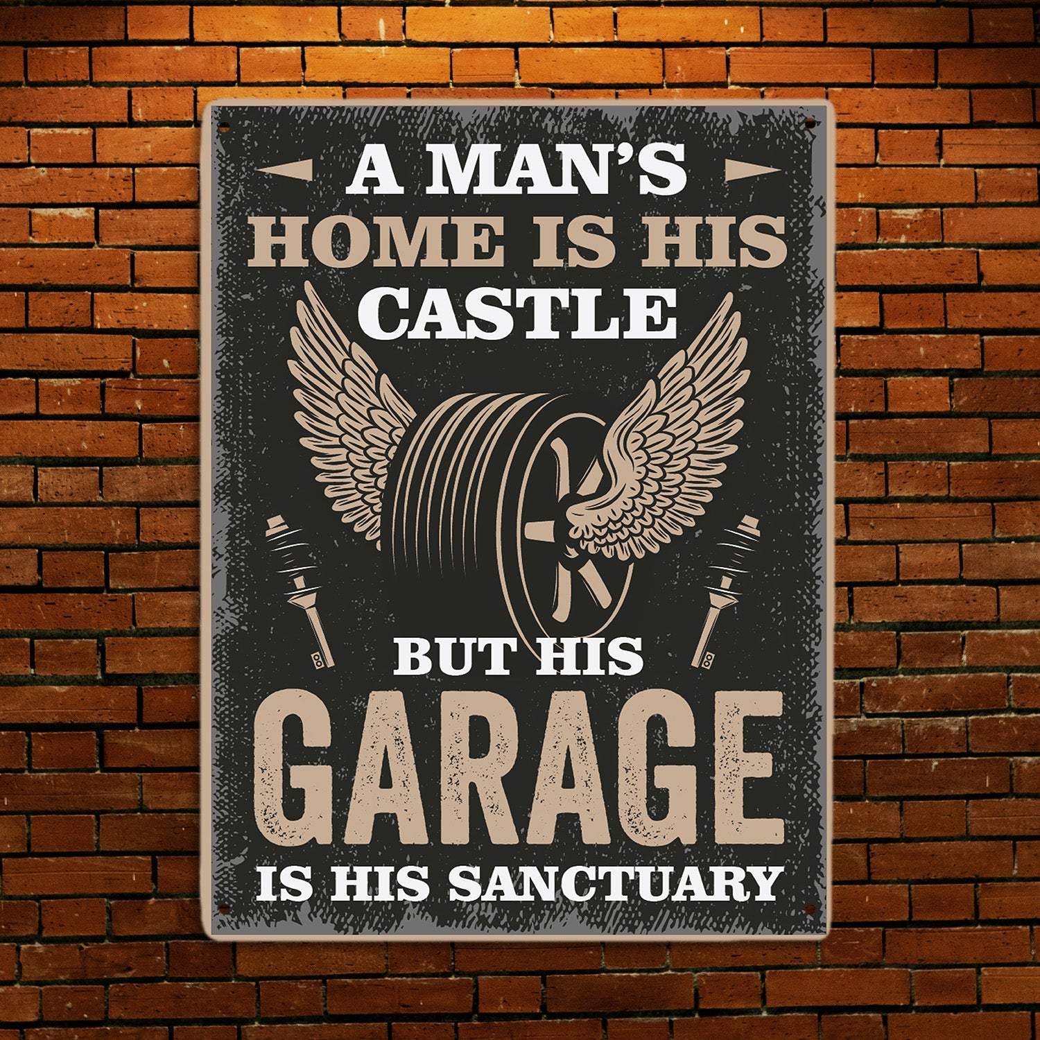 Cartello In Metallo Divertente 'A Man's Home Is His Castle But His Garage Is His Sanctuary', Decorazione Da Parete Retrò