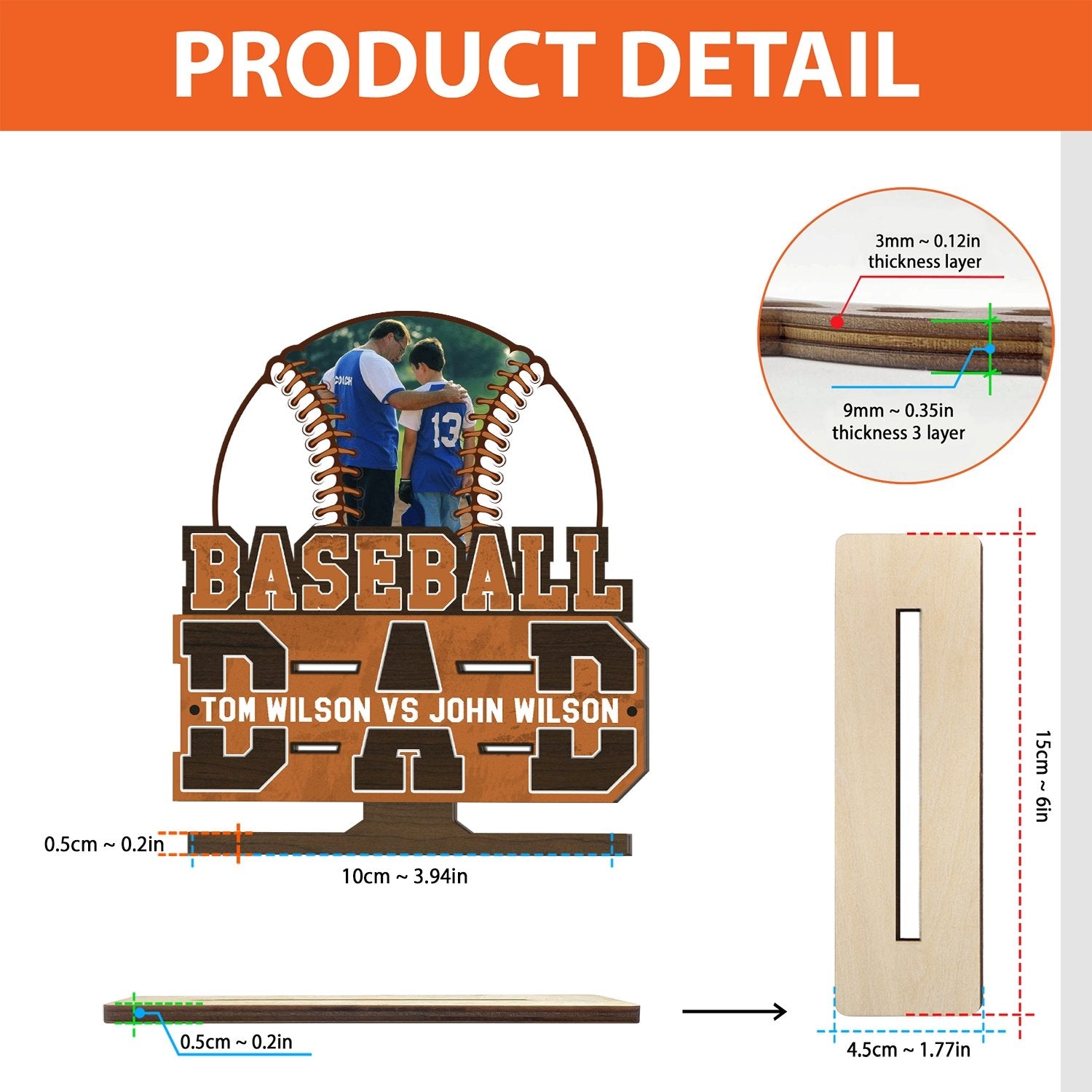 Baseball Dad, Custom Photo, Baseball Shape, Wooden Plaque 3 Layers