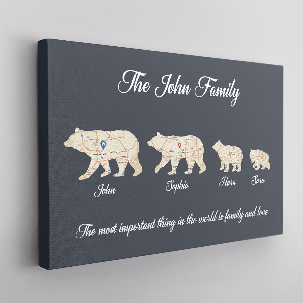 Bear Family, Custom Map Prints, Personalized Name And Text Canvas Wall Art