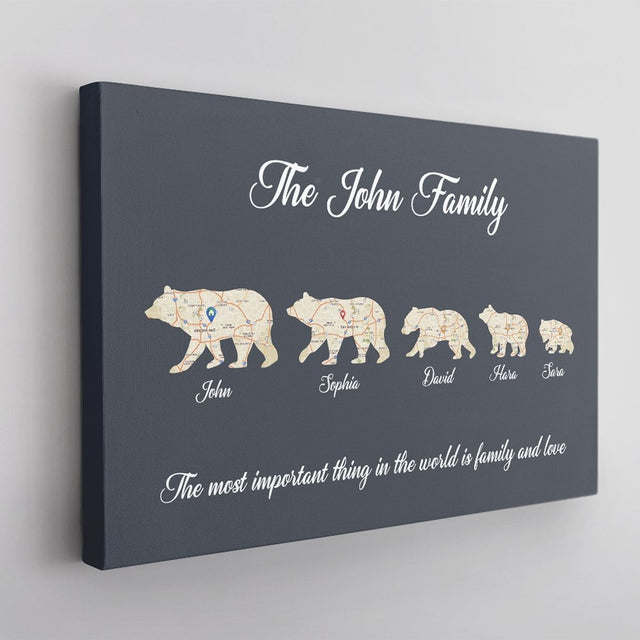 Bear Family, Custom Map Prints, Customizable Name And Text Canvas Wall