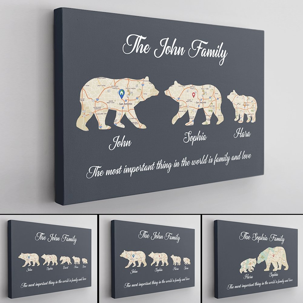 Bear Family, Custom Map Prints, Personalized Name And Text Canvas Wall Art