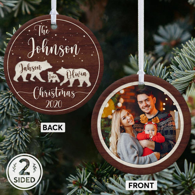 Bear Family Custom Photo And Text Decorative Christmas Circle Ornament 2 Sided