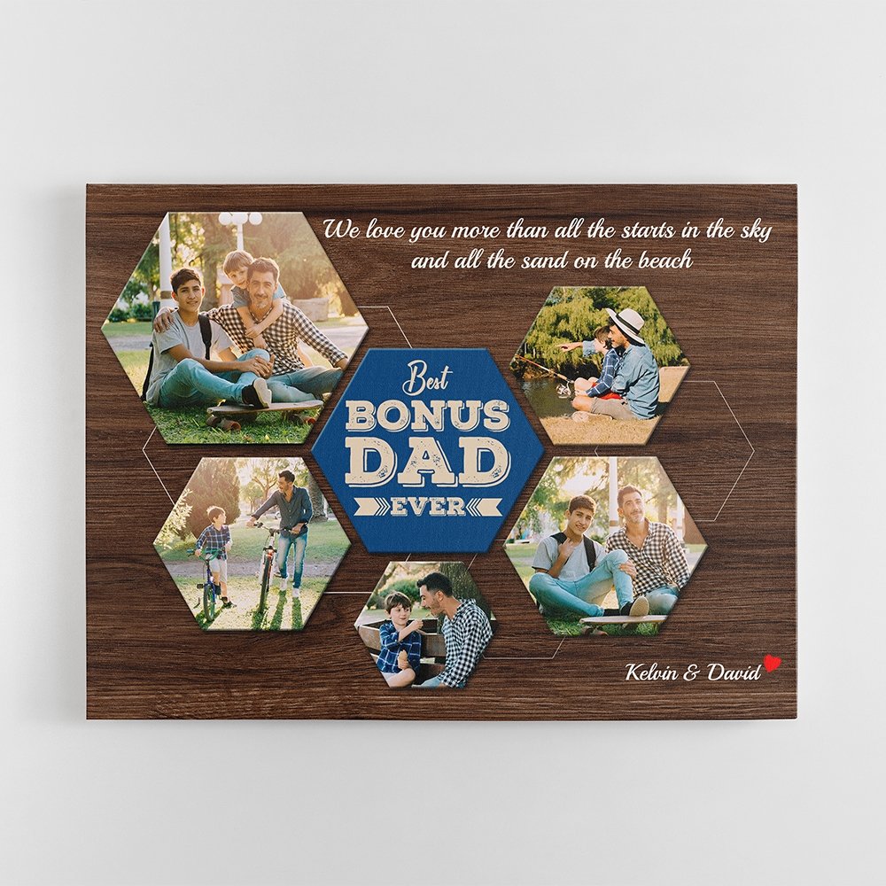 Best Bonus Dad Ever Custom Photo Collage - Personalized Dark Wood Background Canvas