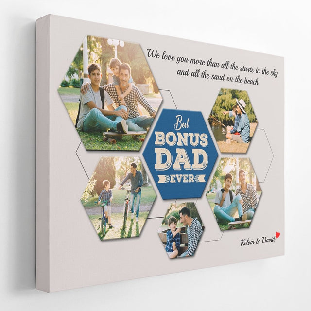 Best Bonus Dad Ever Custom Photo Collage - Personalized Light Grey Background Canvas