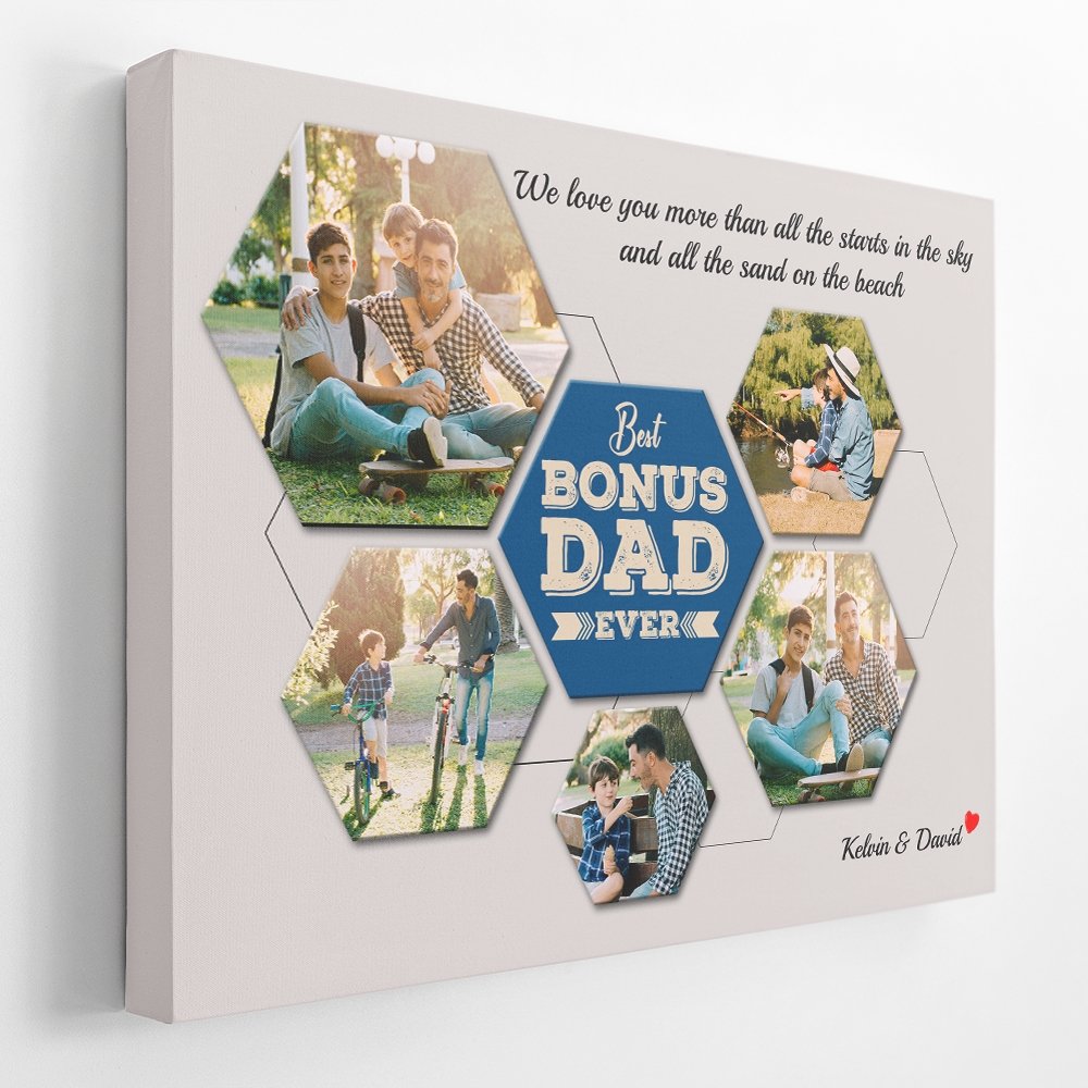 Best Bonus Dad Ever Custom Photo Collage - Personalized Light Grey Background Canvas