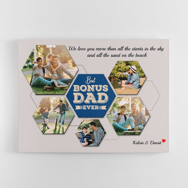 Best Bonus Dad Ever Custom Photo Collage - Personalized Light Grey Background Canvas