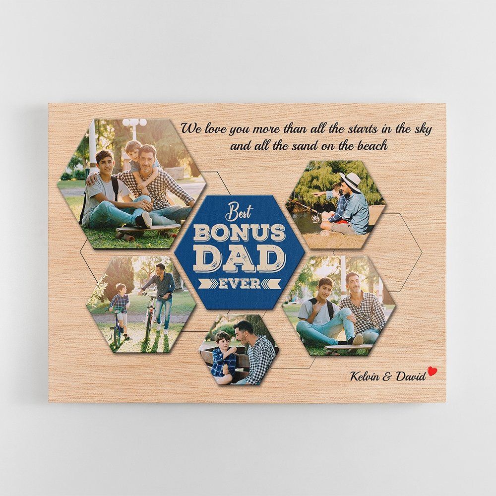 Best Bonus Dad Ever Custom Photo Collage - Personalized Light Wood Background Canvas