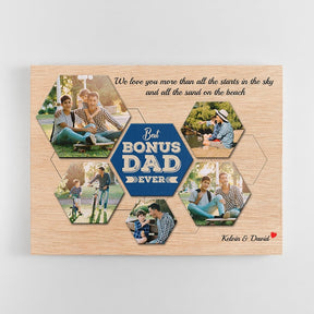 Best Bonus Dad Ever Custom Photo Collage - Personalized Light Wood Background Canvas