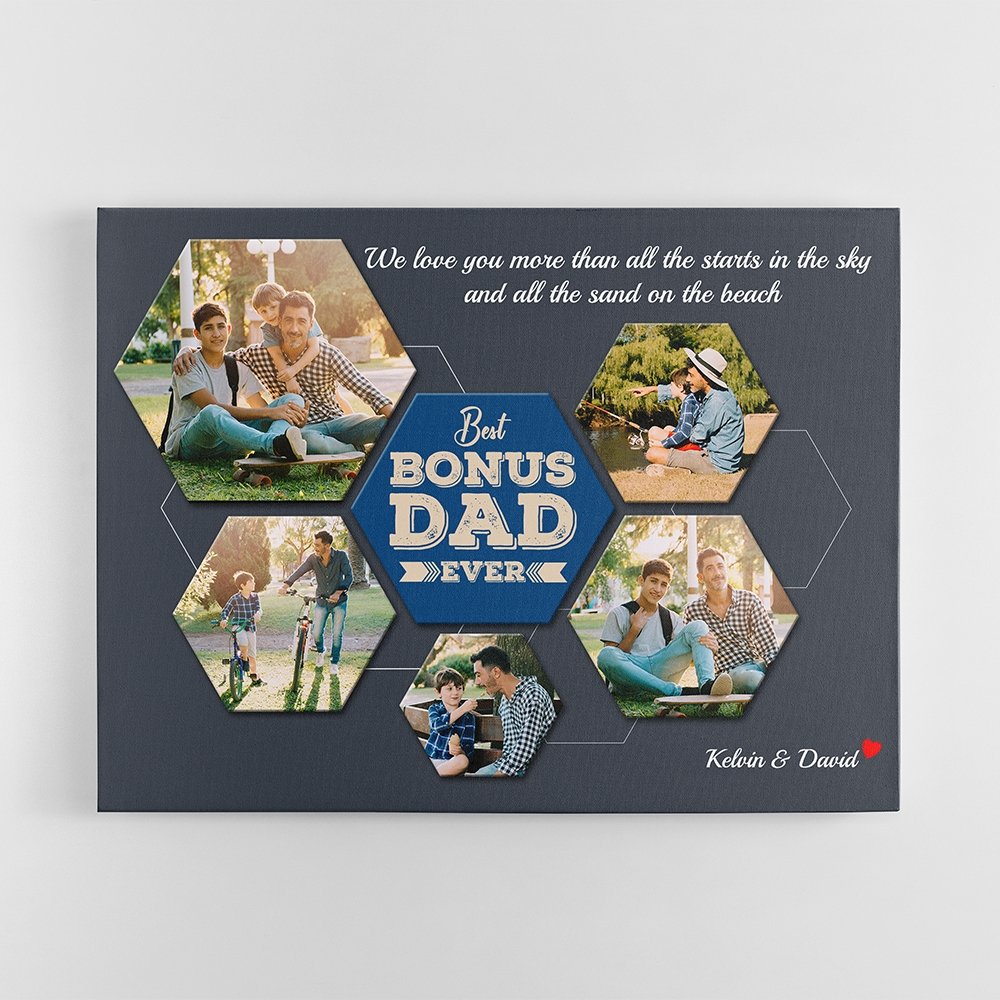 Best Bonus Dad Ever Custom Photo Collage - Personalized Navy Background Canvas