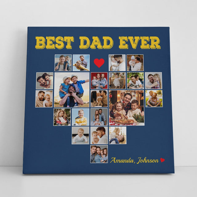 Best Dad Ever, Custom Photo Collage, Heart Shape, 21 Pictures, Canvas Wall Art