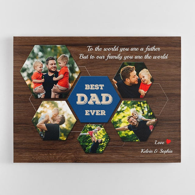 Best Dad Ever Custom Photo Collage - Personalized Dark Wood Style Background Canvas