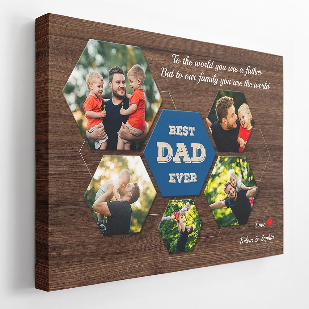 Best Dad Ever Custom Photo Collage - Personalized Dark Wood Style Background Canvas