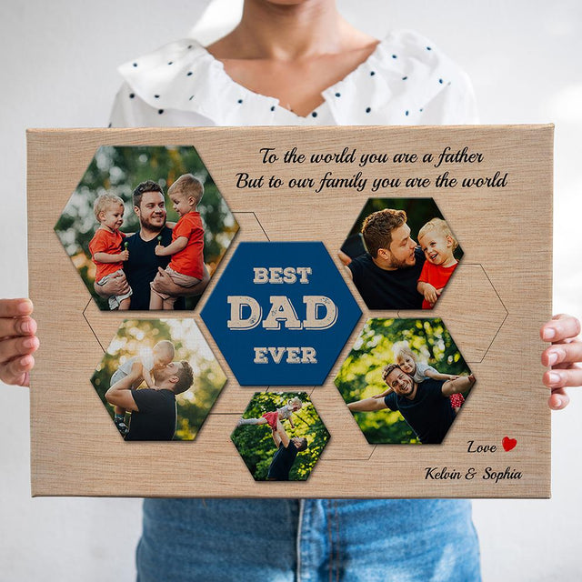 Best Dad Ever Custom Photo Collage - Personalized Light Wood Background Canvas