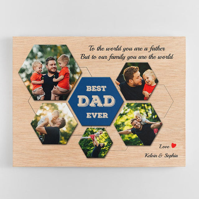 Best Dad Ever Custom Photo Collage - Personalized Light Wood Background Canvas