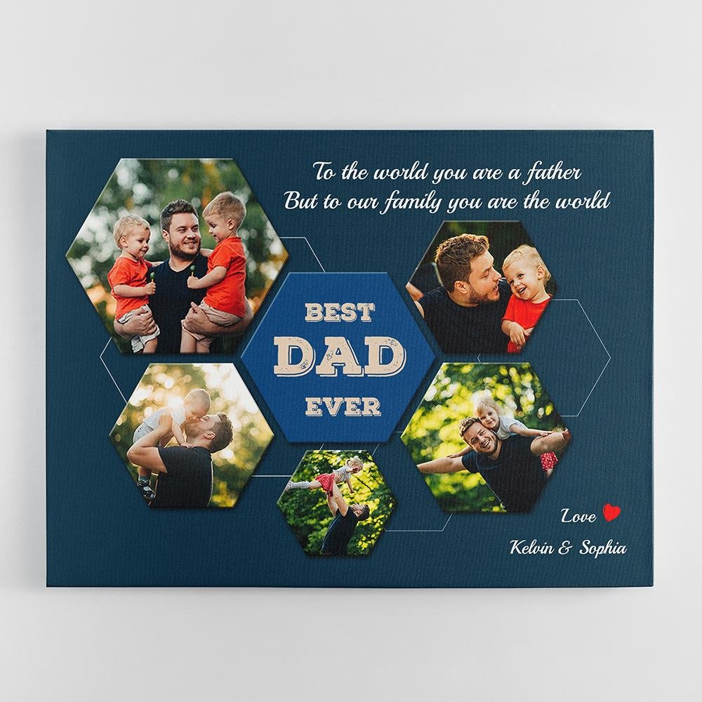 Best Dad Ever Custom Photo Collage - Personalized Navy Background Canvas