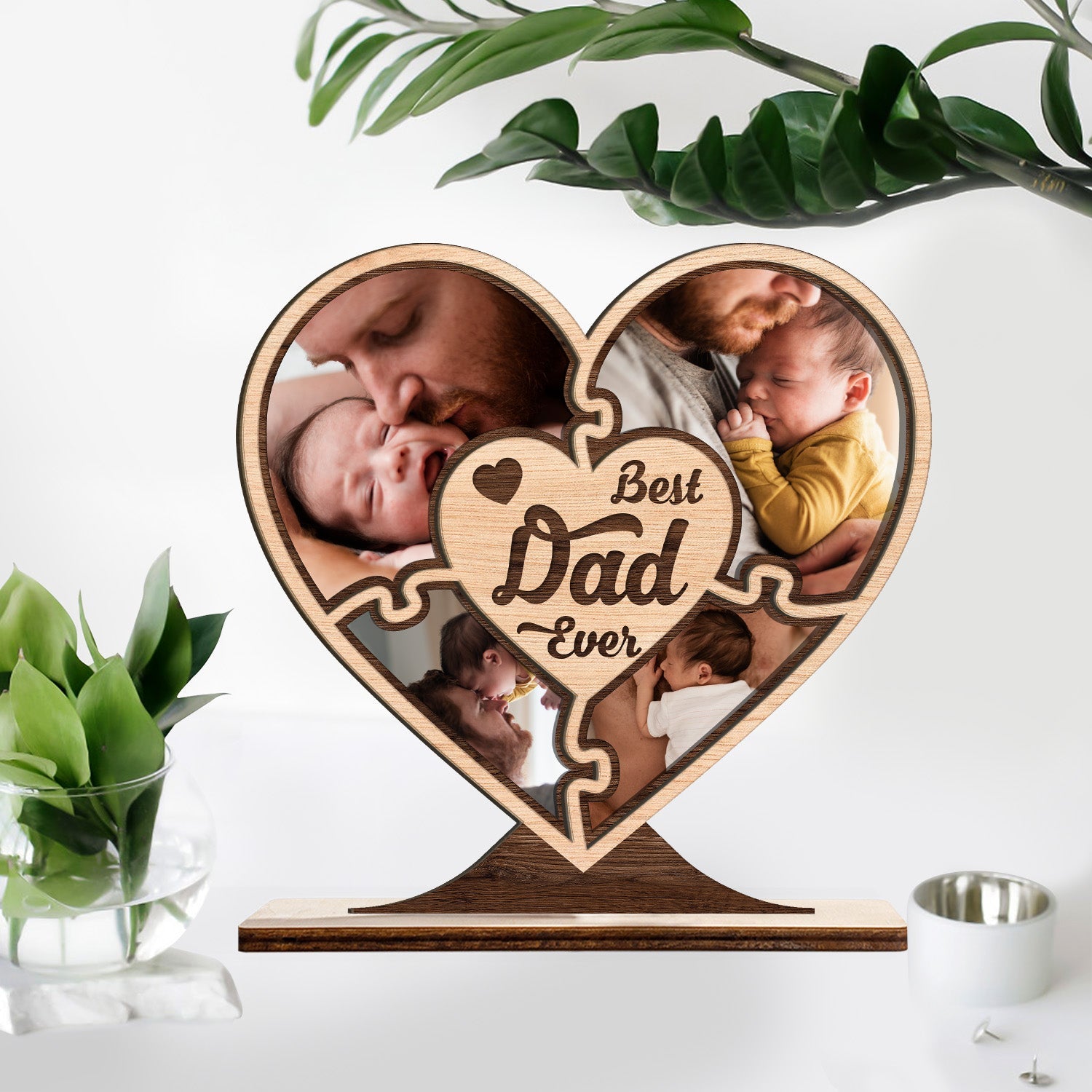 Best Dad Ever, Custom Photo, Heart Shape, 4 Pictures, Wooden Plaque 3 Layers