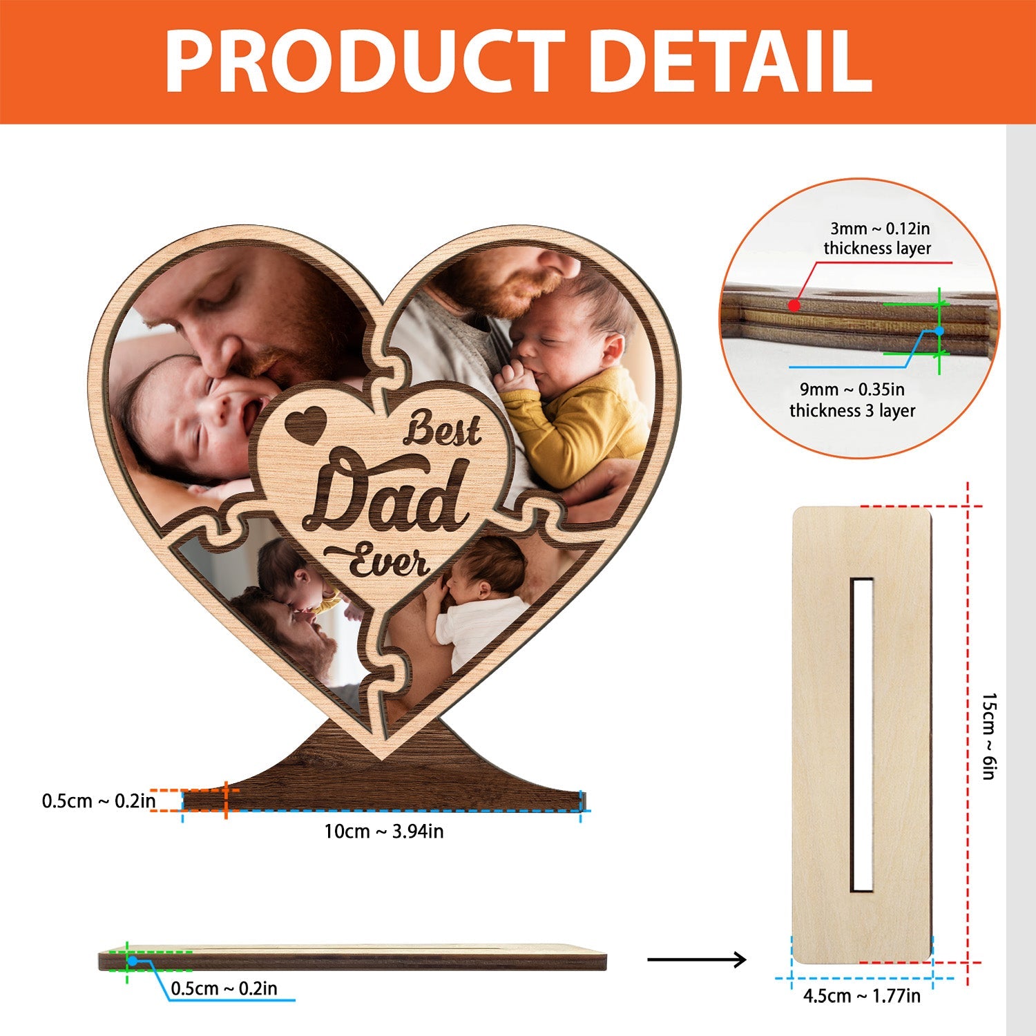Best Dad Ever, Custom Photo, Heart Shape, 4 Pictures, Wooden Plaque 3 Layers