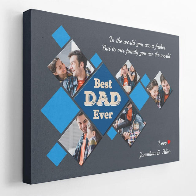 Best Dad Ever Custom Rhombus Photo Collage - Personalized Navy Background Canvas