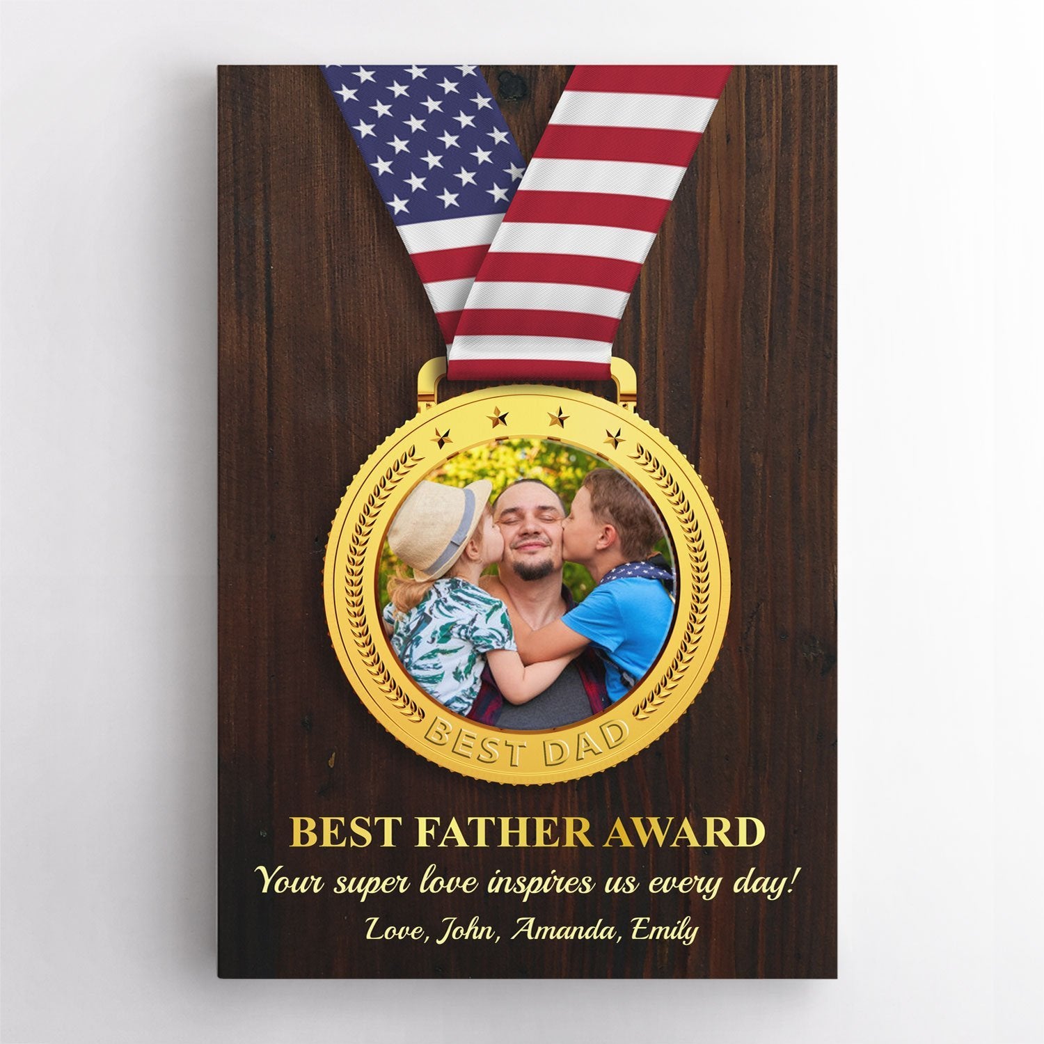 Best Father Award, Custom Photo, Medal Shape, Personalized Text And Name Canvas Wall Art
