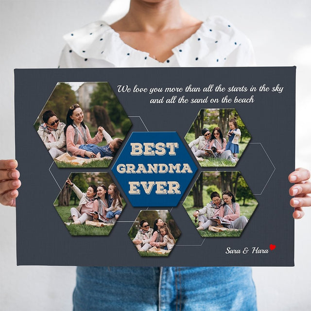 Best Grandma Ever Custom Photo - Personalized Navy Vintage Background Canvas