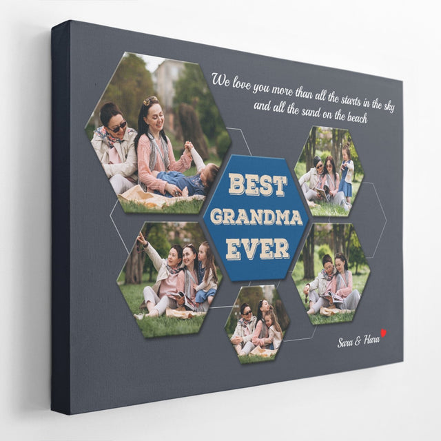 Best Grandma Ever Custom Photo - Personalized Navy Vintage Background Canvas