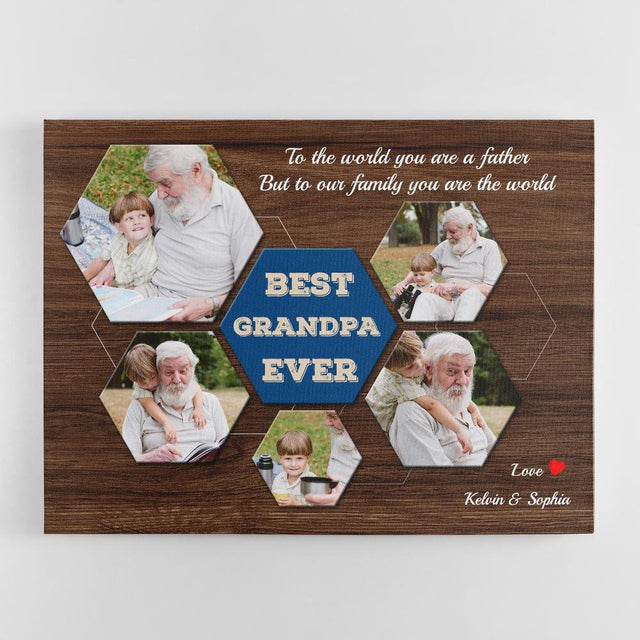 Best Grandpa Ever Custom Photo Collage - Personalized Dark Wood Style Background Canvas