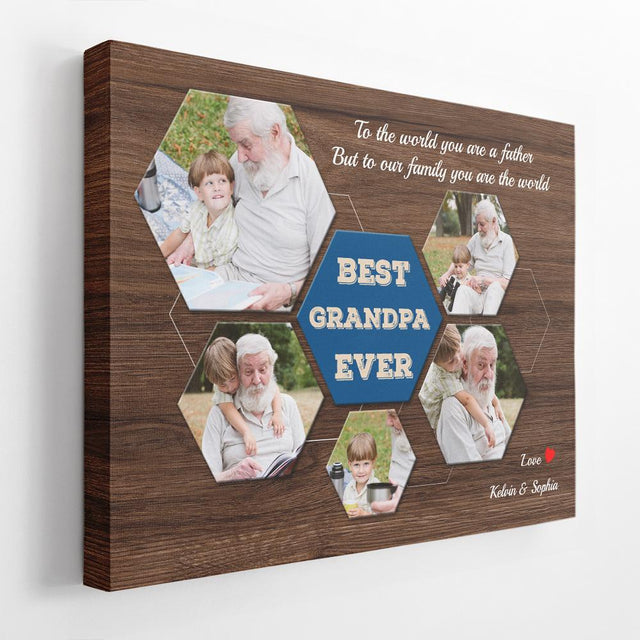 Best Grandpa Ever Custom Photo Collage - Personalized Dark Wood Style Background Canvas