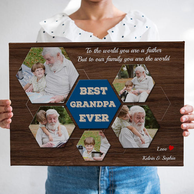 Best Grandpa Ever Custom Photo Collage - Personalized Dark Wood Style Background Canvas